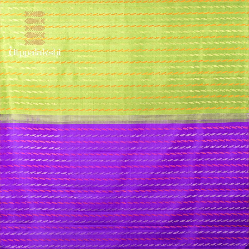 UTPPALAKSHI HANDWOVEN KANJIVARAM SILK SAREE GREEN AND PURPLE WITH ZARI AND THREADWORK NO BORDER