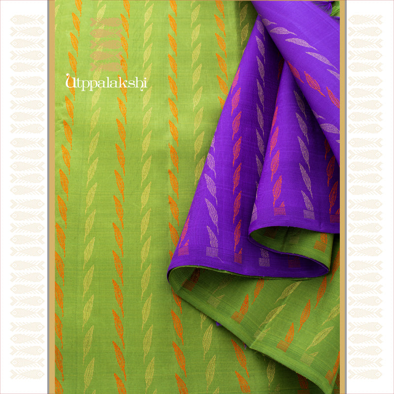 UTPPALAKSHI HANDWOVEN KANJIVARAM SILK SAREE GREEN AND PURPLE WITH ZARI AND THREADWORK NO BORDER