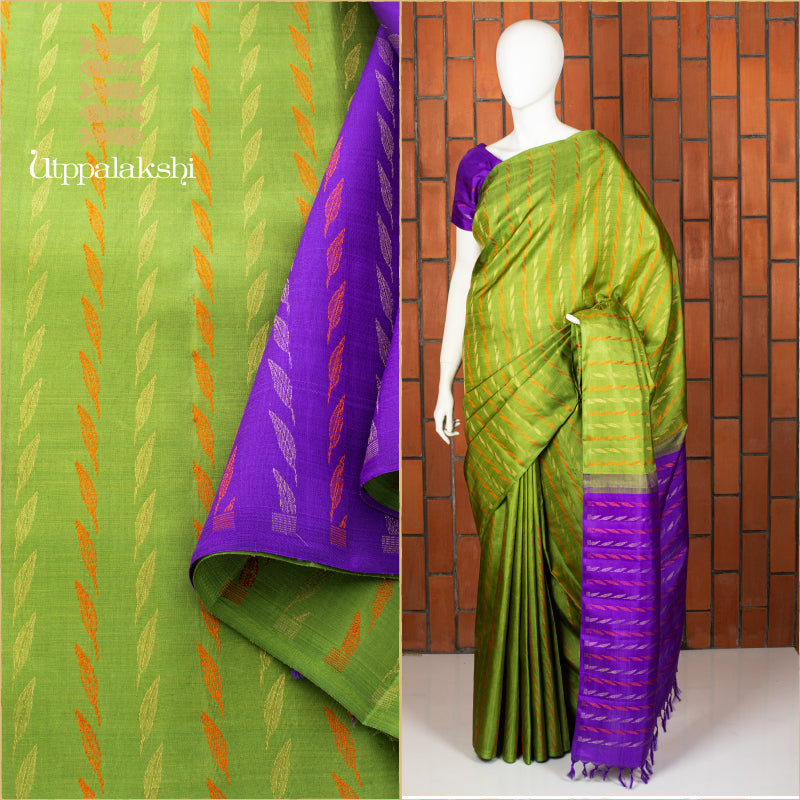 UTPPALAKSHI HANDWOVEN KANJIVARAM SILK SAREE GREEN AND PURPLE WITH ZARI AND THREADWORK NO BORDER