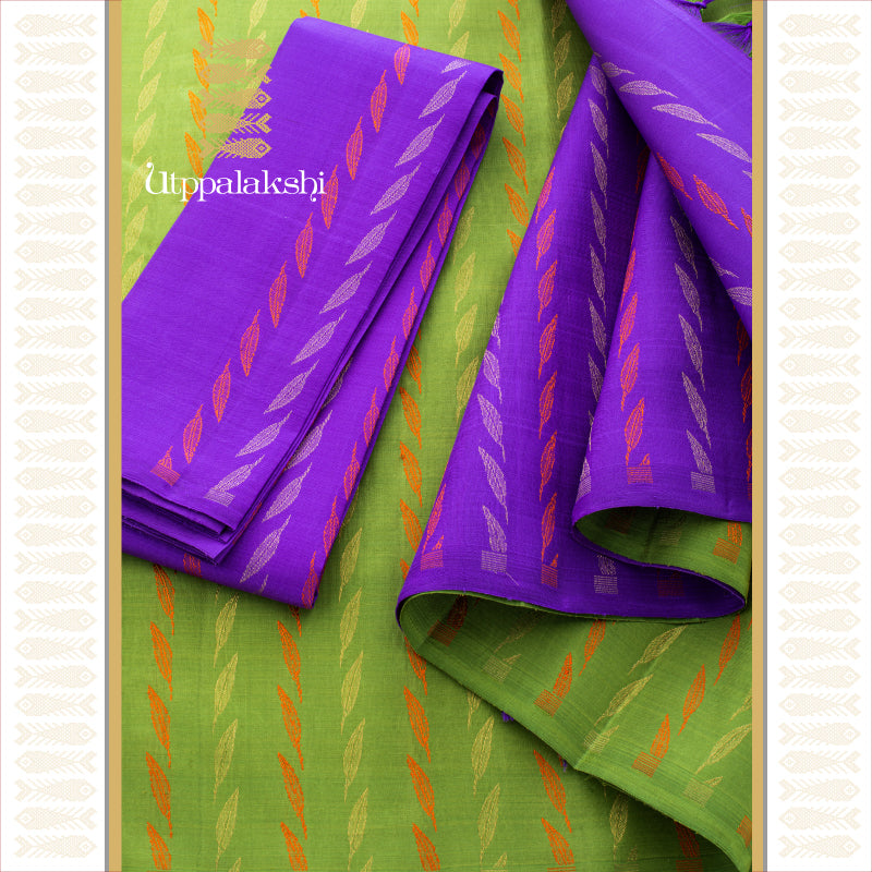 UTPPALAKSHI HANDWOVEN KANJIVARAM SILK SAREE GREEN AND PURPLE WITH ZARI AND THREADWORK NO BORDER
