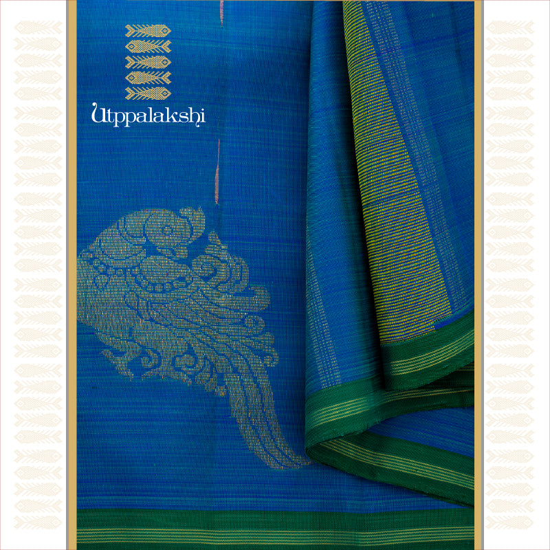 UTPPALAKSHI HANDWOVEN KANJIVARAM SILK SAREE PEACOCK BLUE WITH CORNER MOTIF