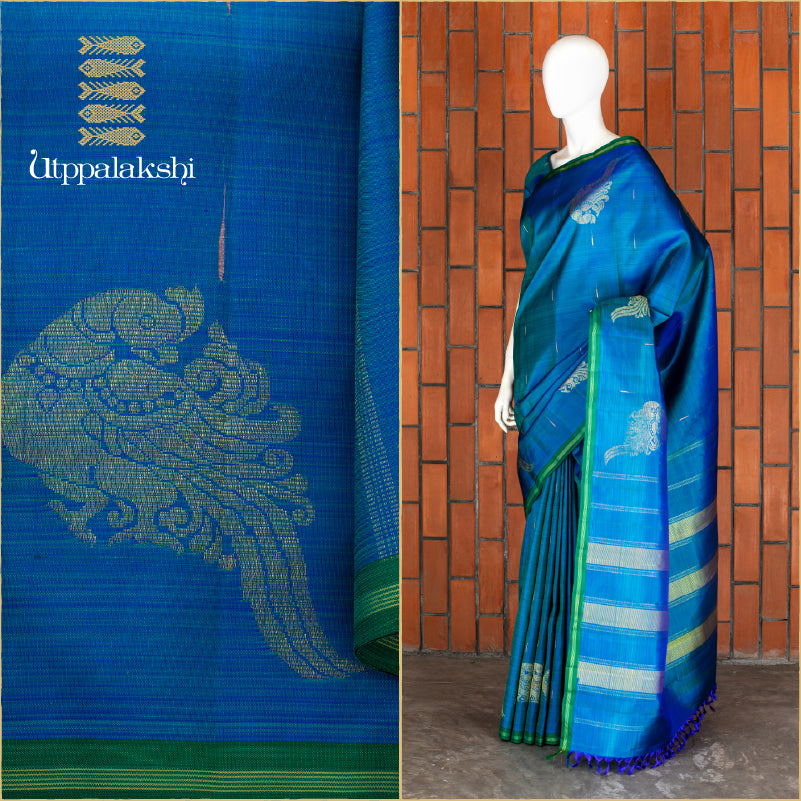 UTPPALAKSHI HANDWOVEN KANJIVARAM SILK SAREE PEACOCK BLUE WITH CORNER MOTIF