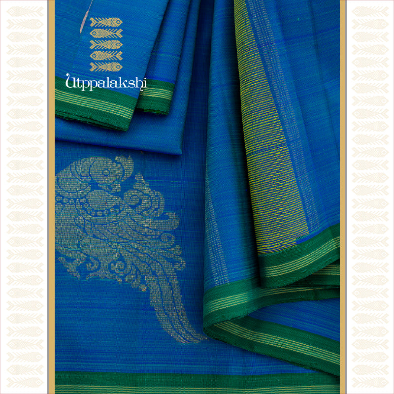UTPPALAKSHI HANDWOVEN KANJIVARAM SILK SAREE PEACOCK BLUE WITH CORNER MOTIF