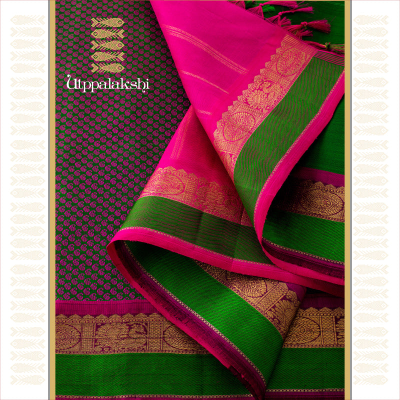 UTPPALAKSHI HANDWOVEN KANJIVARAM SILK JACQUARD SAREE PURPLE PINK GREEN MANGO BUTTA