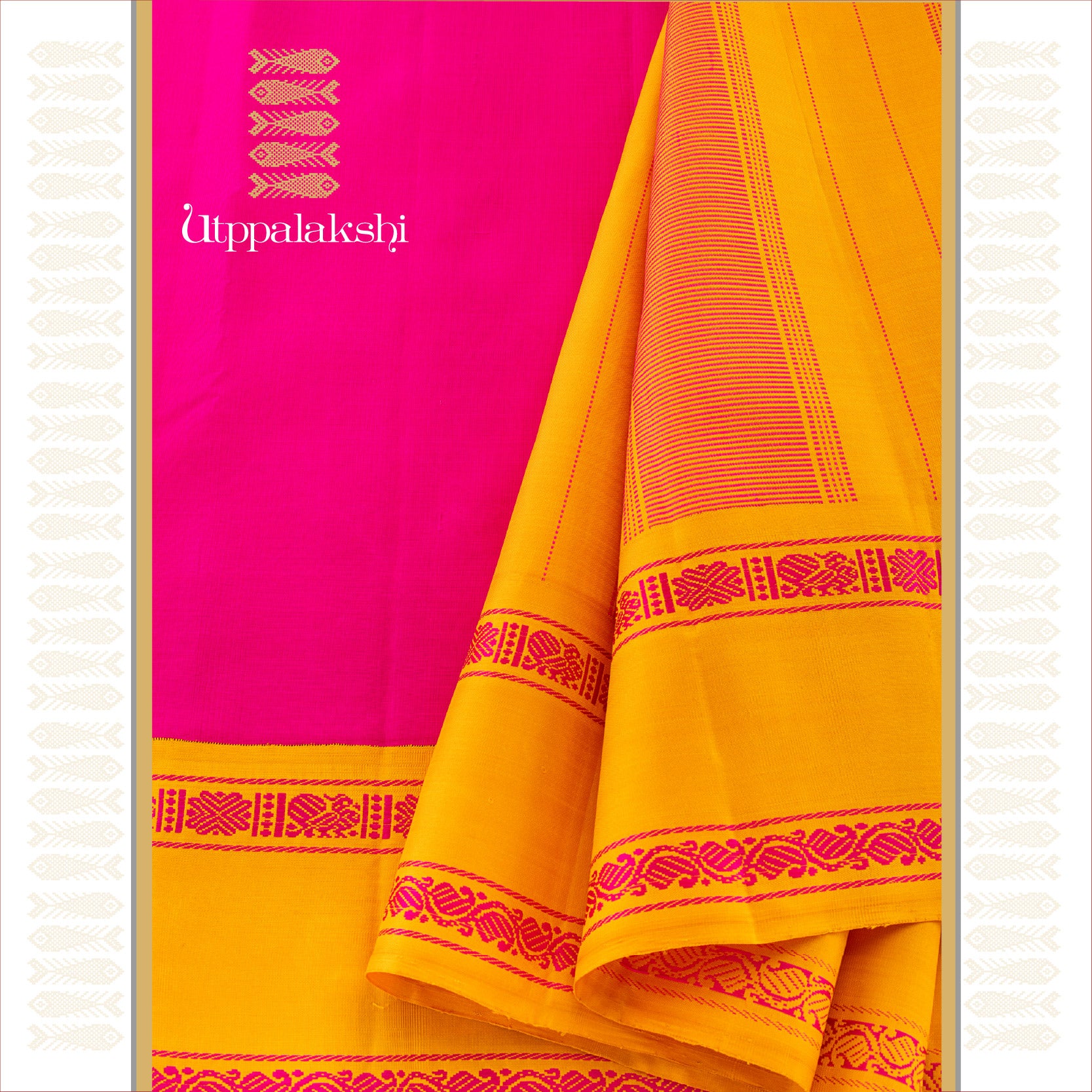 UTPPALAKSHI HANDWOVEN KANJIVARAM SILK SAREE PINK AND YELLOW THREADWORK