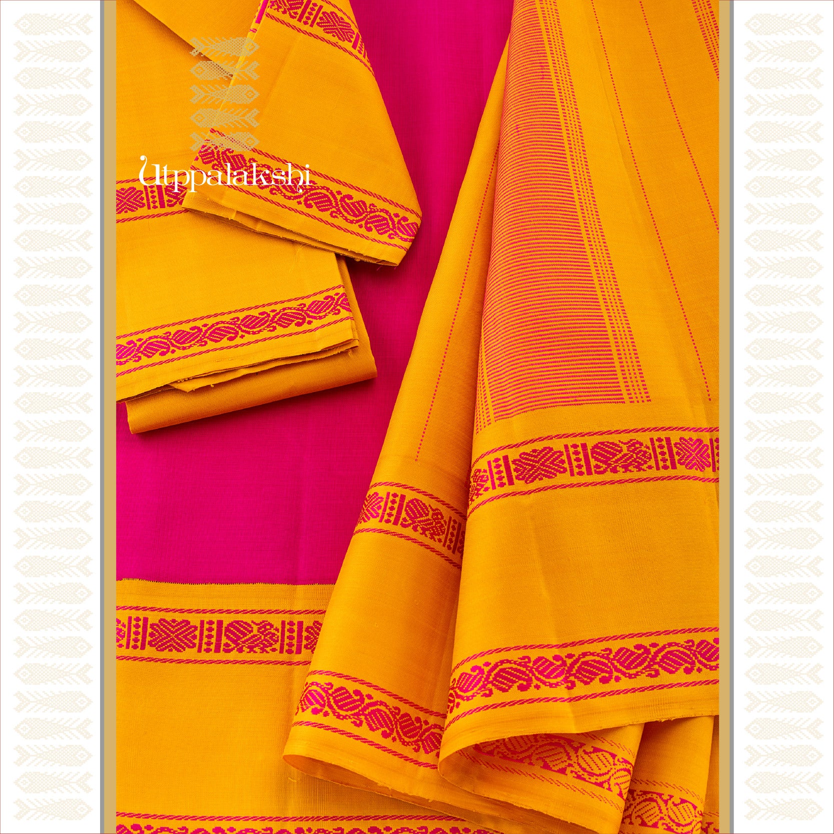 UTPPALAKSHI HANDWOVEN KANJIVARAM SILK SAREE PINK AND YELLOW THREADWORK