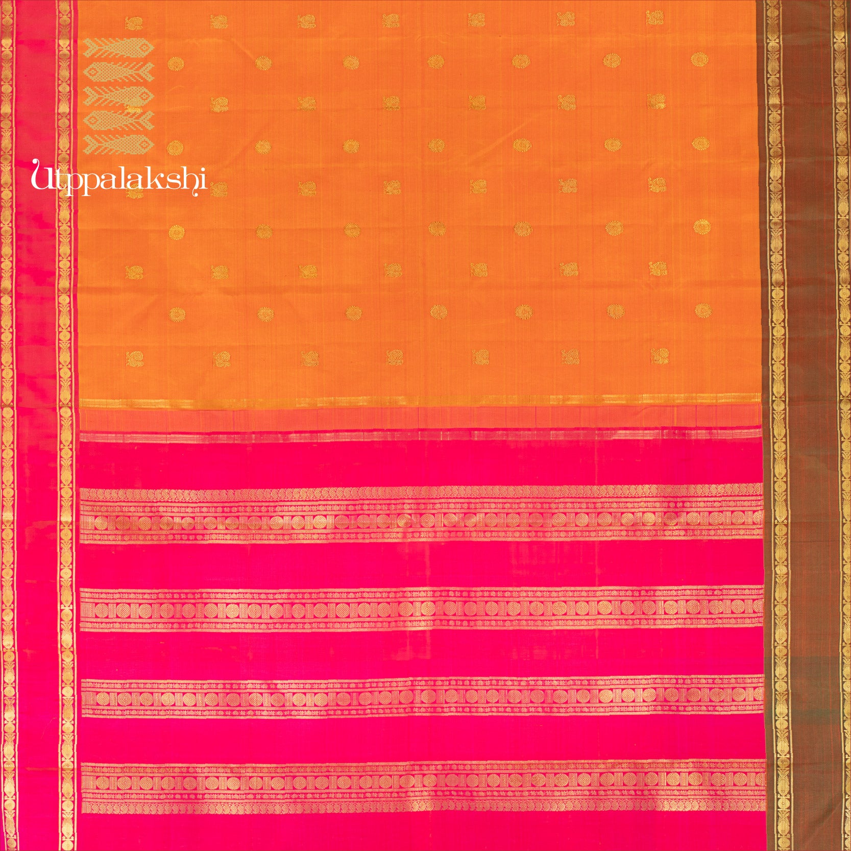 UTPPALAKSHI HANDWOVEN KANJIVARAM SILK SAREE GANGA JAMUNA ORANGE PINK MANDULIR