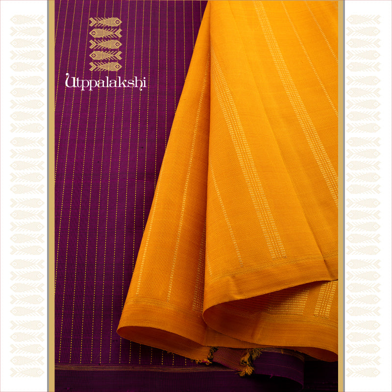 UTPPALAKSHI HANDWOVEN KANJIVARAM SILK SAREE PURPLE AND MUSTARD NO BORDER