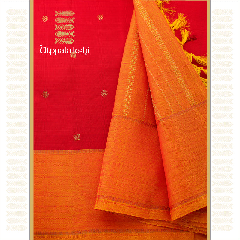 UTPPALAKSHI HANDWOVEN KANJIVARAM SILK SAREE RED AND ORANGE ANNAM CHAKRAM