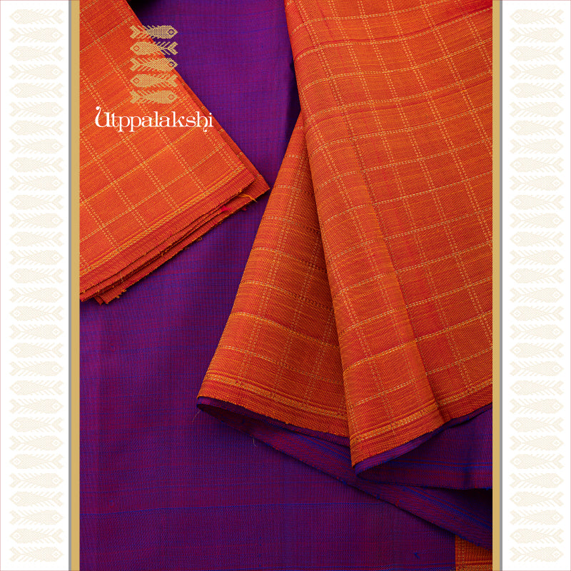 UTPPALAKSHI HANDWOVEN KANJIVARAM SILK SAREE PURPLE AND ORANGE WITH CHECKS PALLU NO BORDER