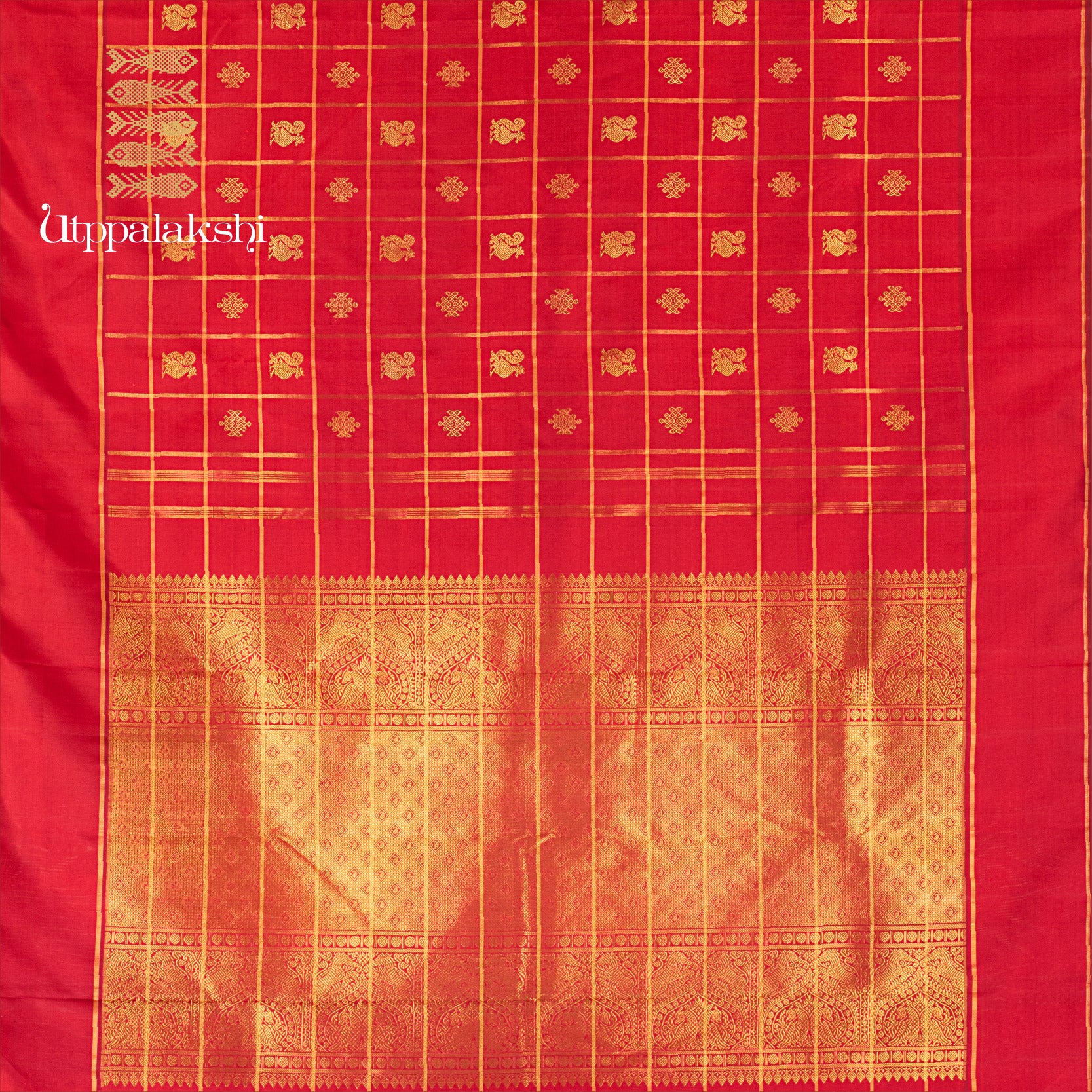 UTPPALAKSHI HANDWOVEN KANJIVARAM SILK SAREE RED ANNAM KOLAM CHECKS