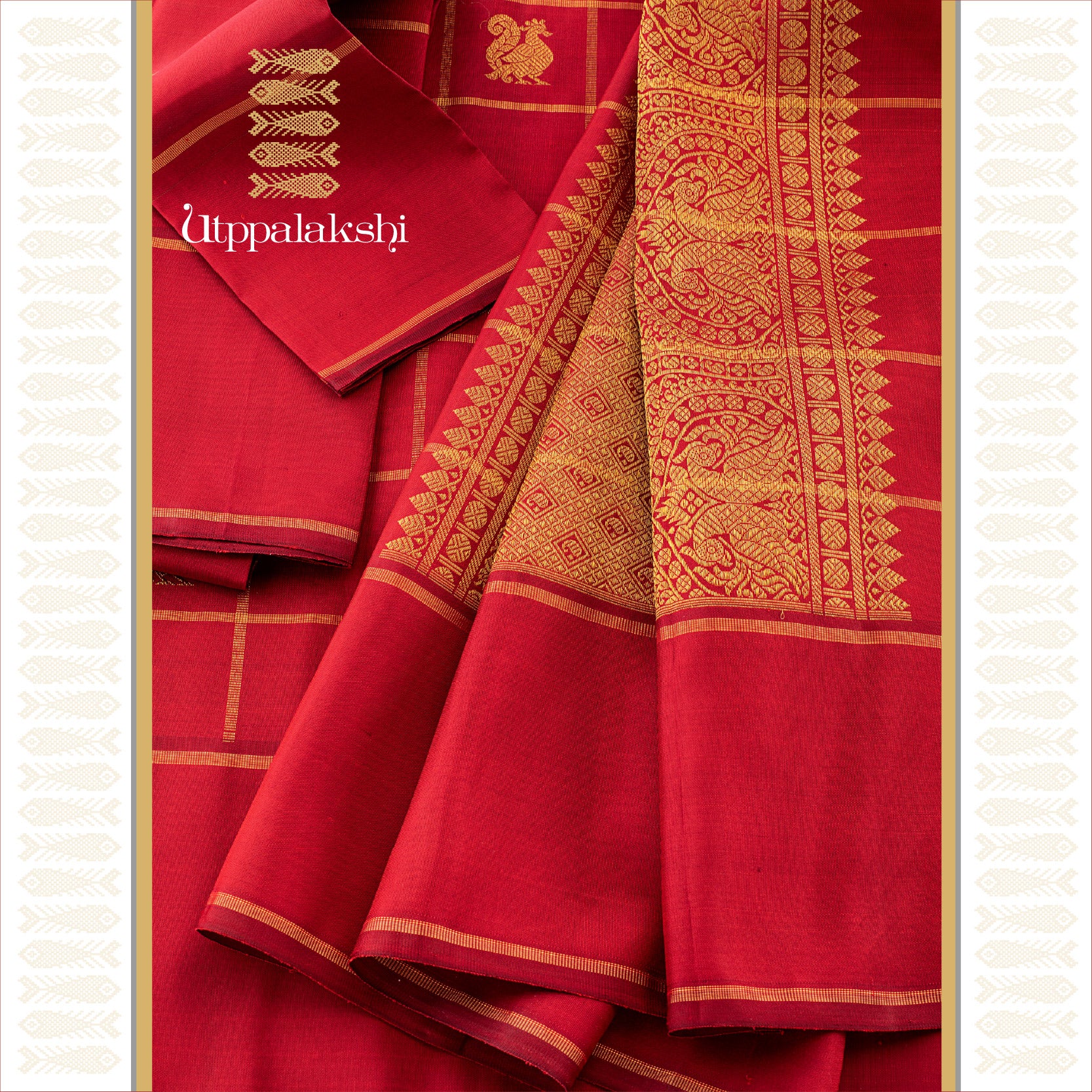 UTPPALAKSHI HANDWOVEN KANJIVARAM SILK SAREE RED ANNAM KOLAM CHECKS