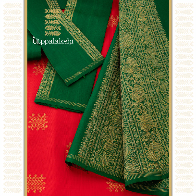 UTPPALAKSHI HANDWOVEN KANJIVARAM SILK SAREE RED AND GREEN KOLAM