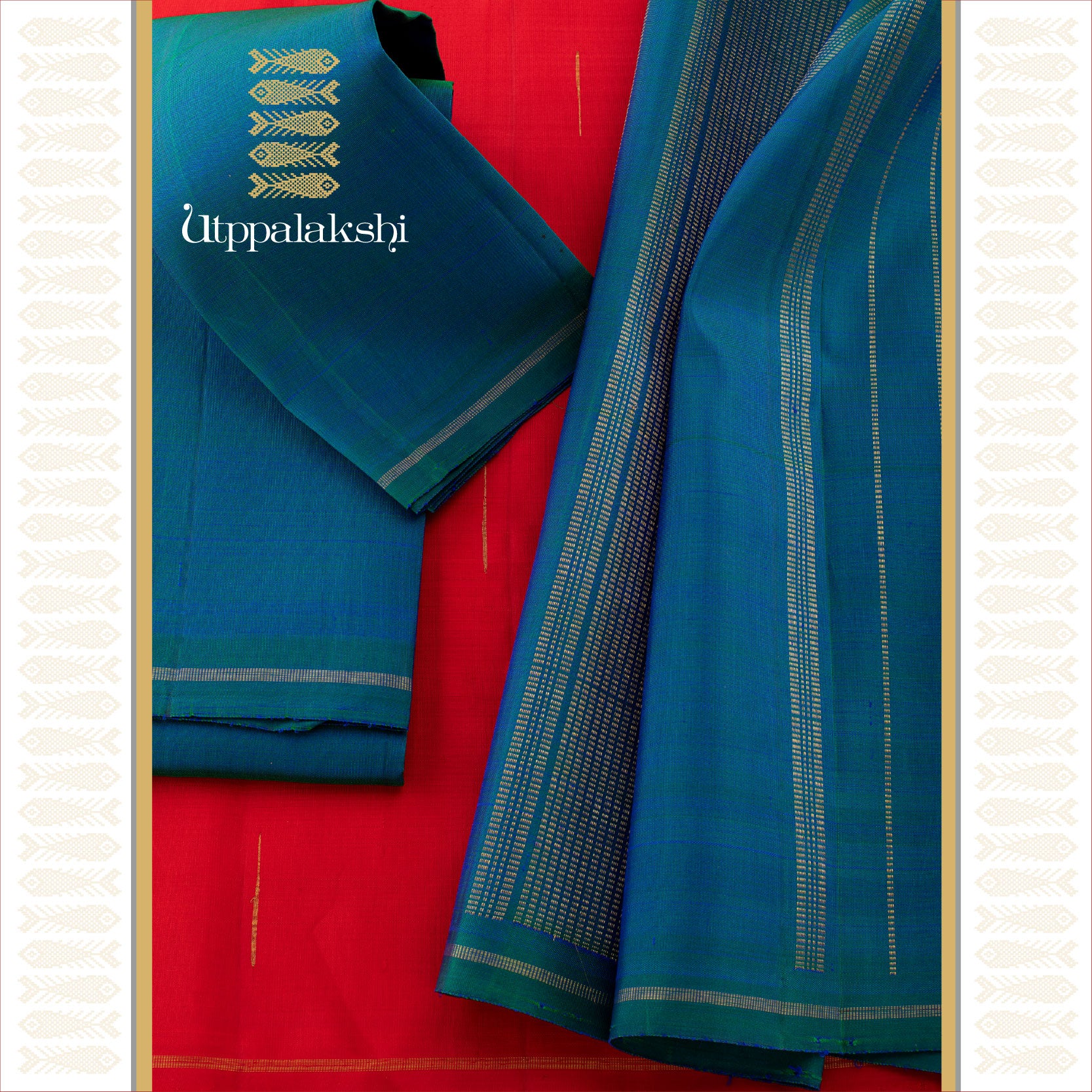 UTPPALAKSHI HANDWOVEN KANJIVARAM SILK SAREE RED AND BLUE RAINDROPS