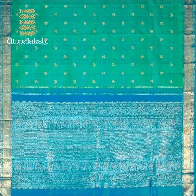 UTPPALAKSHI HANDWOVEN KANJIVARAM SILK SAREE ANANDA BLUE AND SEA BLUE WITH ELEPHANT ANNAM CHAKRAM