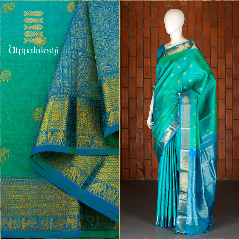 UTPPALAKSHI HANDWOVEN KANJIVARAM SILK SAREE ANANDA BLUE AND SEA BLUE WITH ELEPHANT ANNAM CHAKRAM