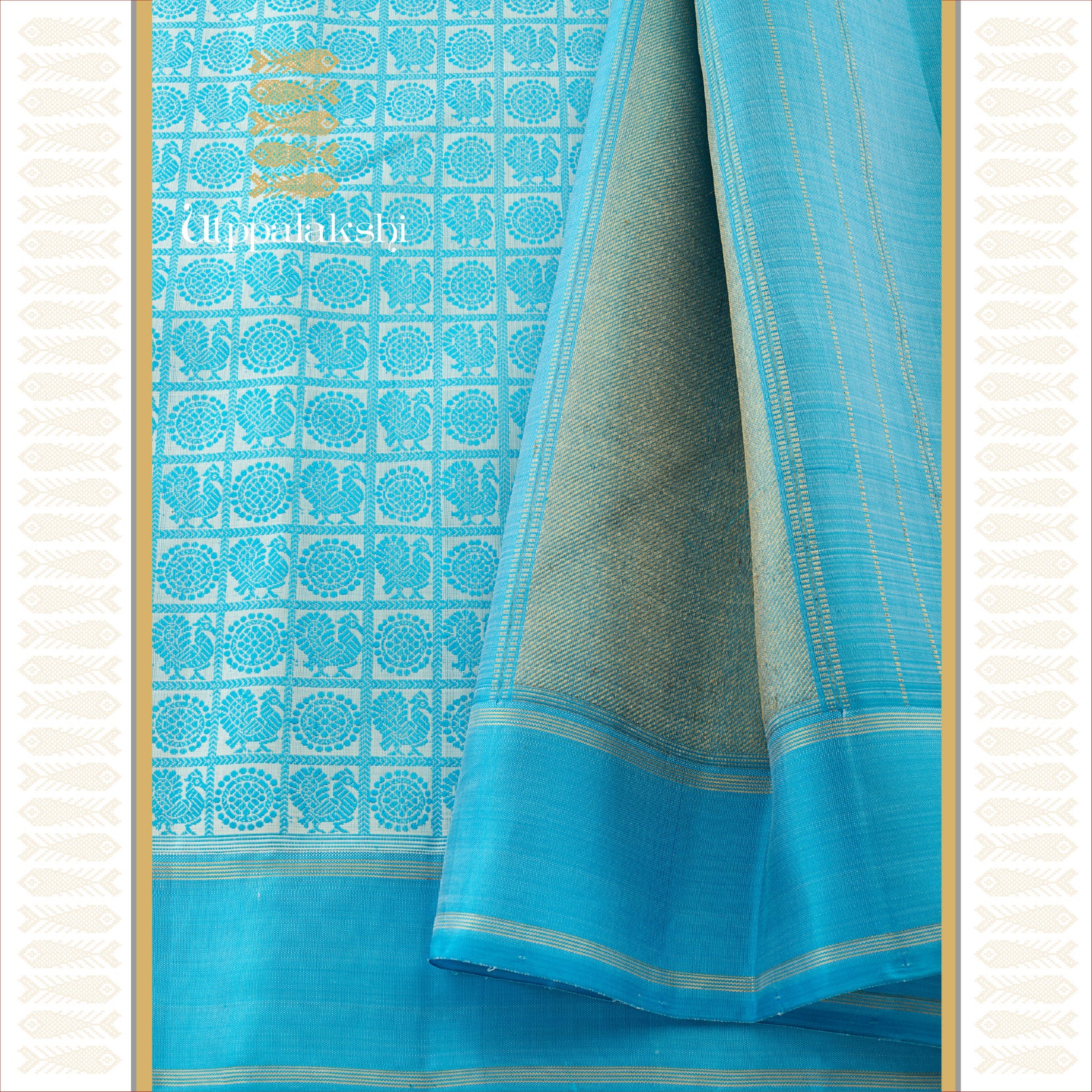 UTPPALAKSHI HANDWOVEN KANJIVARAM THREADWORK SILK SAREE WHITE AND BLUE ANNA CHAKRAM