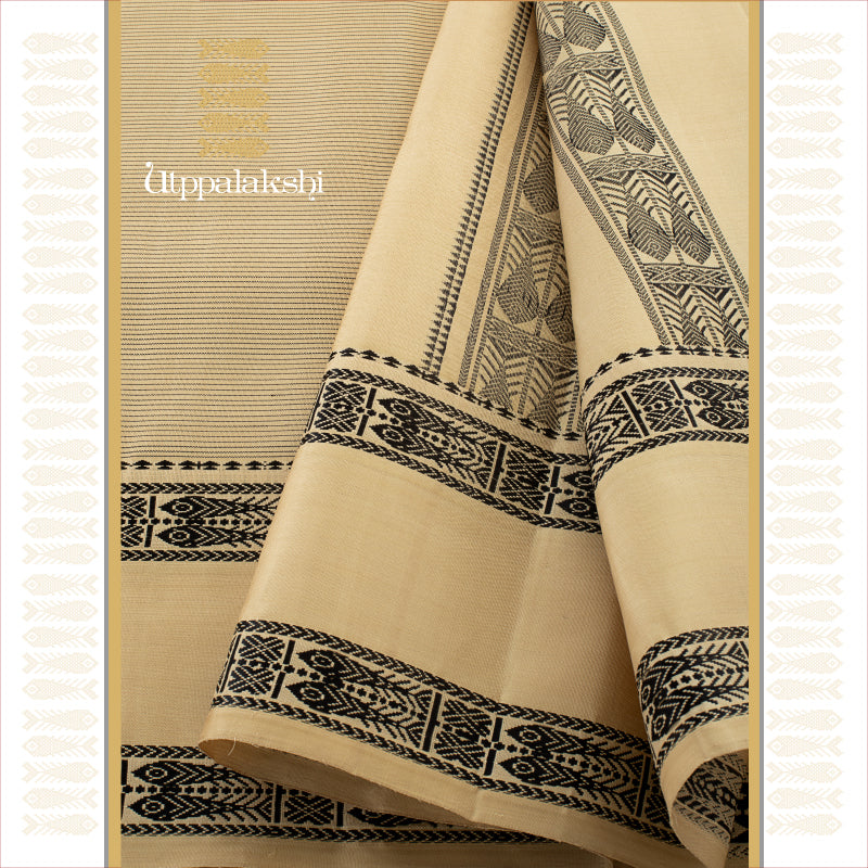 UTPPALAKSHI HANDWOVEN KANJIVARAM SILK SAREE OFFWHITE WITH BLACK LINES AND FISH BORDER