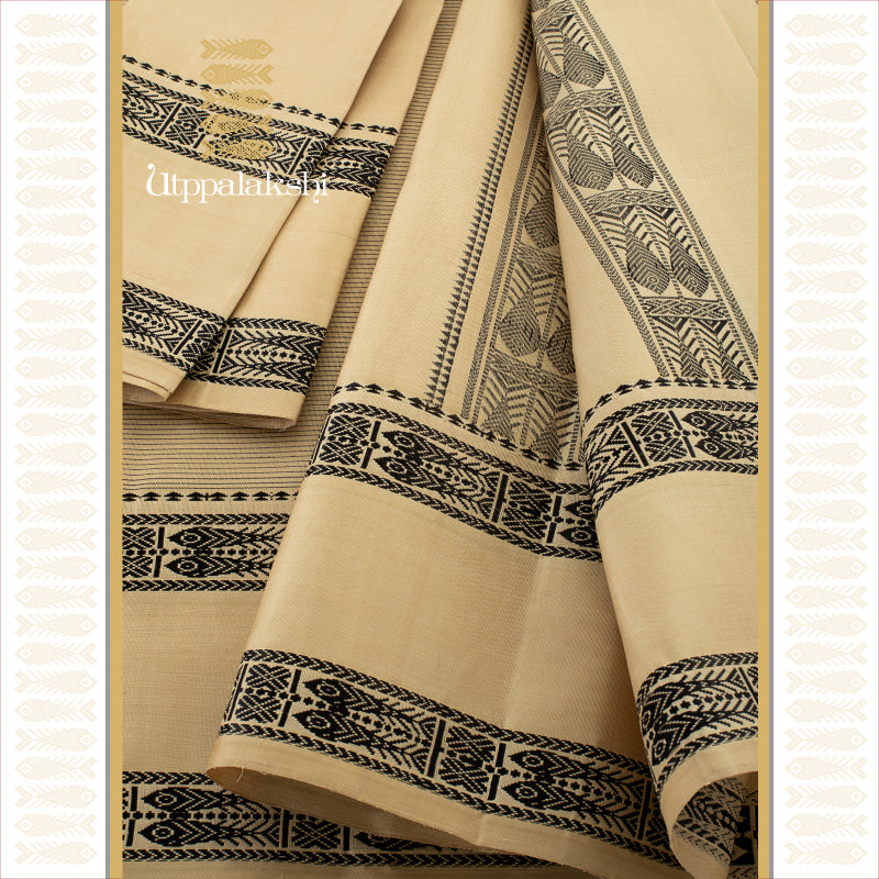 UTPPALAKSHI HANDWOVEN KANJIVARAM SILK SAREE OFFWHITE WITH BLACK LINES AND FISH BORDER