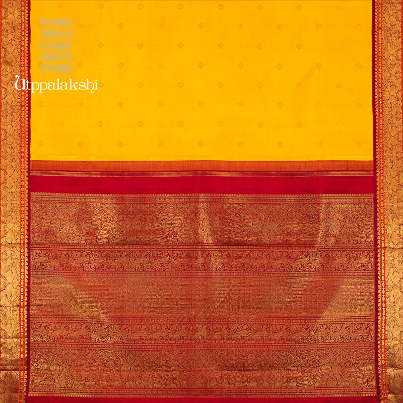 UTPPALAKSHI HANDWOVEN KANJIVARAM SILK SAREE YELLOW AND RED WITH PARROT BORDER