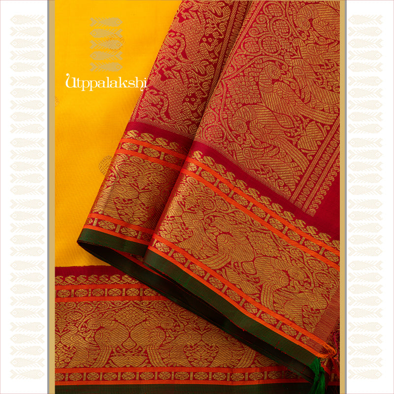 UTPPALAKSHI HANDWOVEN KANJIVARAM SILK SAREE YELLOW AND RED WITH PARROT BORDER