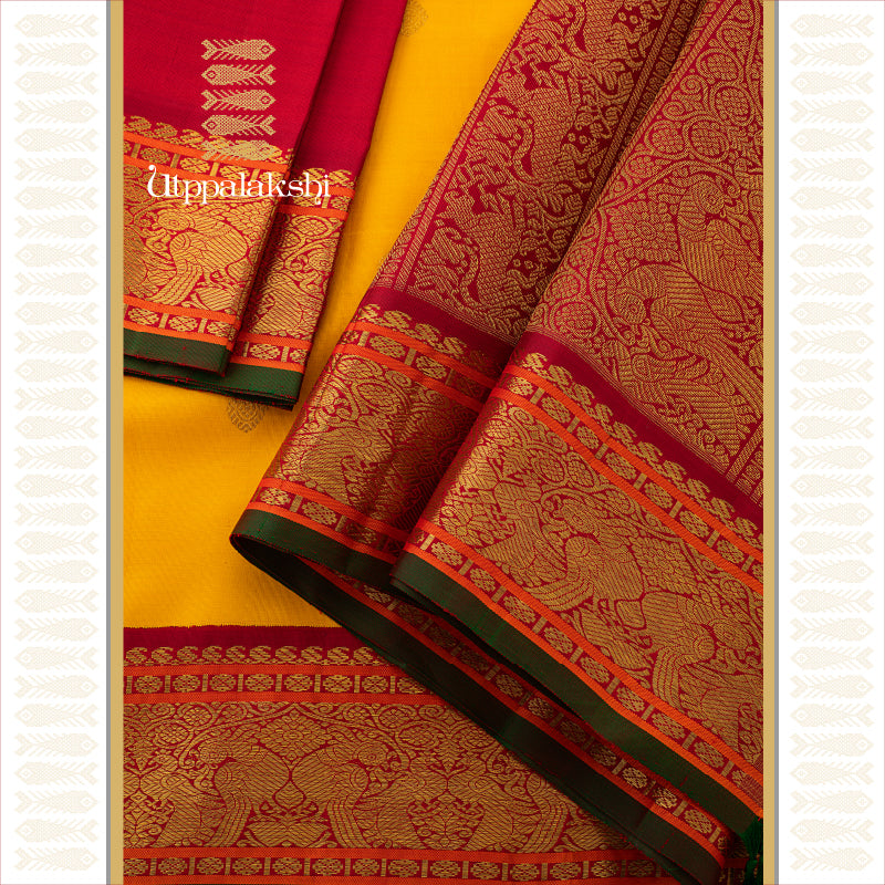 UTPPALAKSHI HANDWOVEN KANJIVARAM SILK SAREE YELLOW AND RED WITH PARROT BORDER