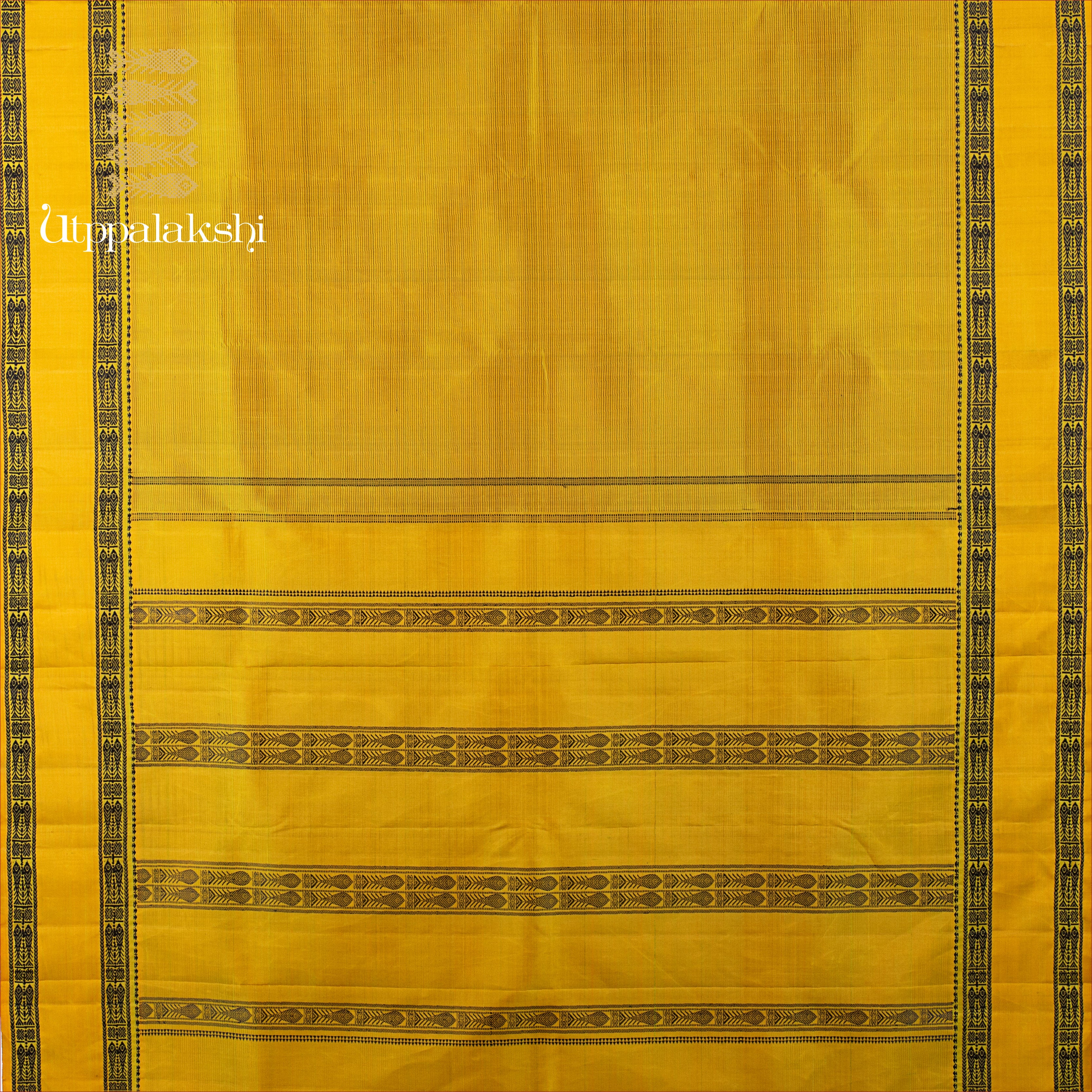 UTPPALAKSHI HANDWOVEN KANJIVARAM SILK SAREE YELLOW-GREEN WITH BLACK LINES AND FISH BORDER