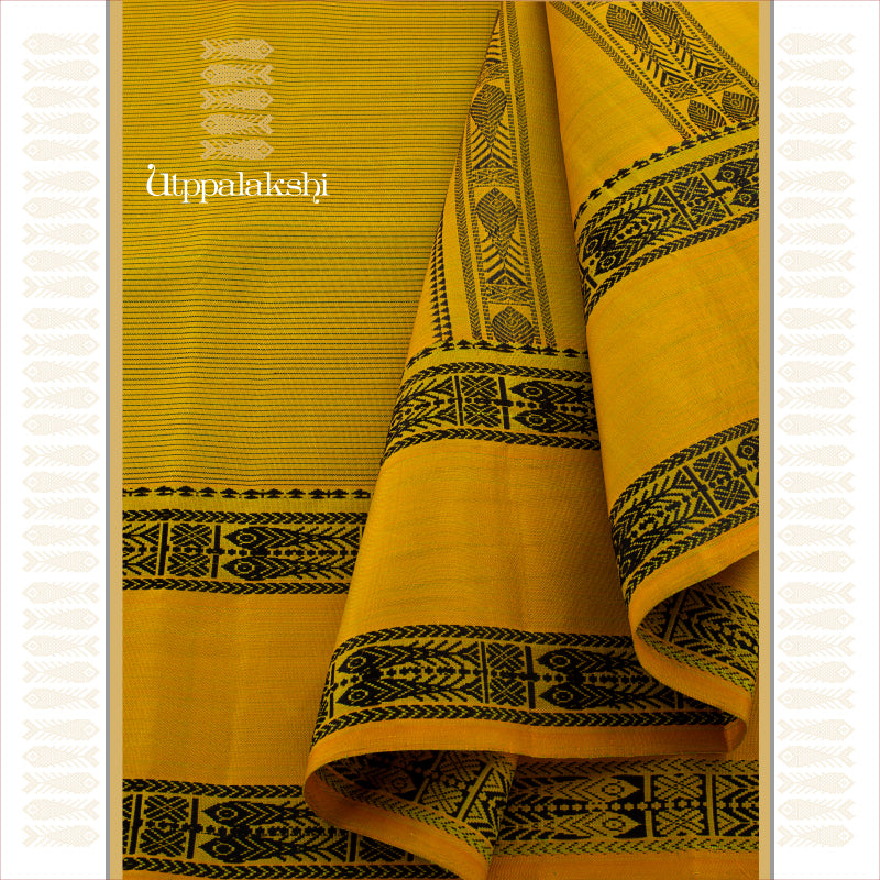 UTPPALAKSHI HANDWOVEN KANJIVARAM SILK SAREE YELLOW-GREEN WITH BLACK LINES AND FISH BORDER