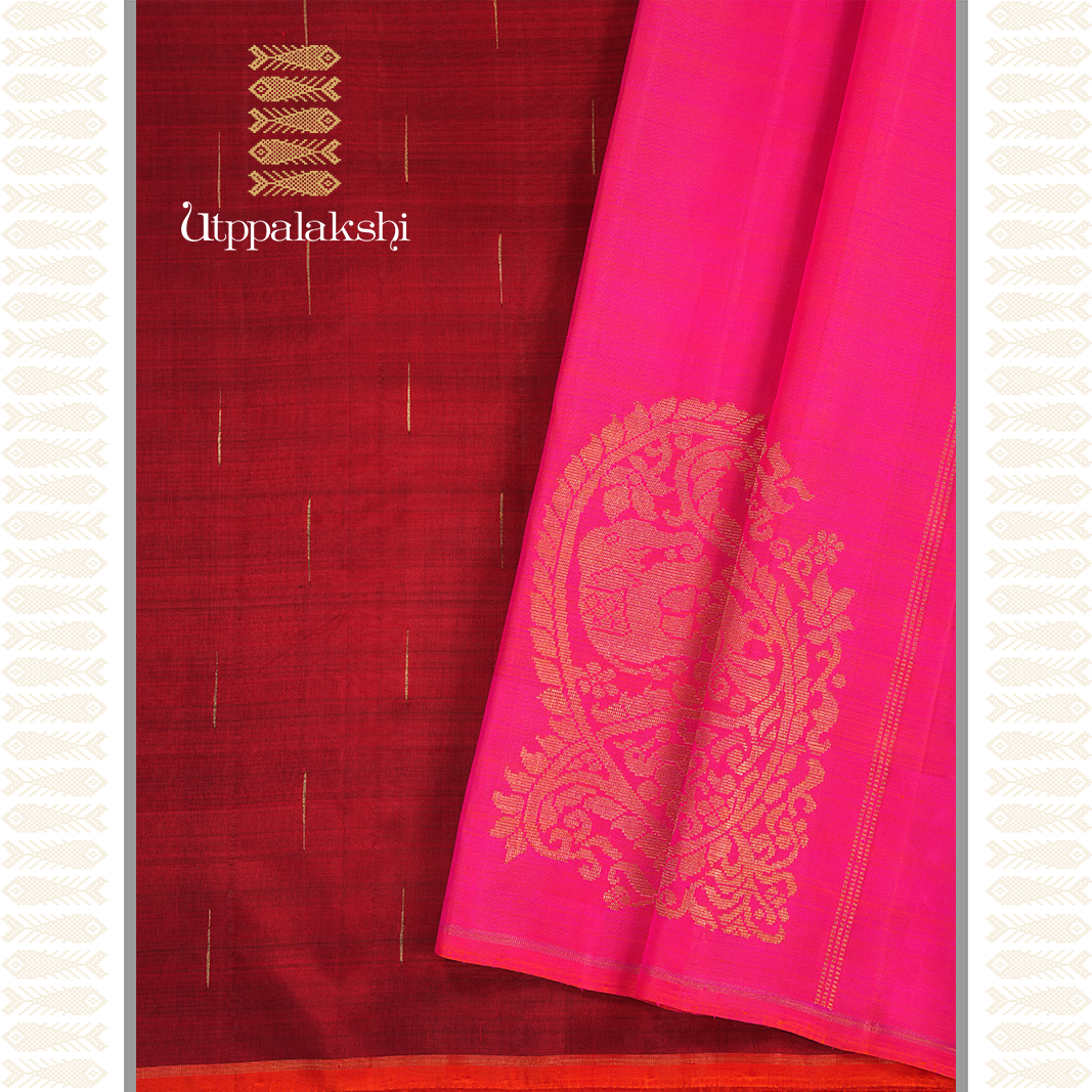 MAROON RAIN DROPS WITH PEACH COLOUR PALLU-AN UTPPALAKSHI HANDWOVEN KANCHIPURAM SILK SAREE