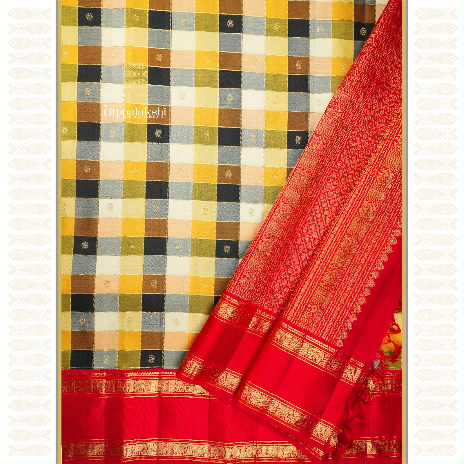 Multicolour Checks Body with Red Retta pettu Pallu and Traditional Jari Motifs – An Utppalakshi Handwoven Kanjivaram Silk Saree