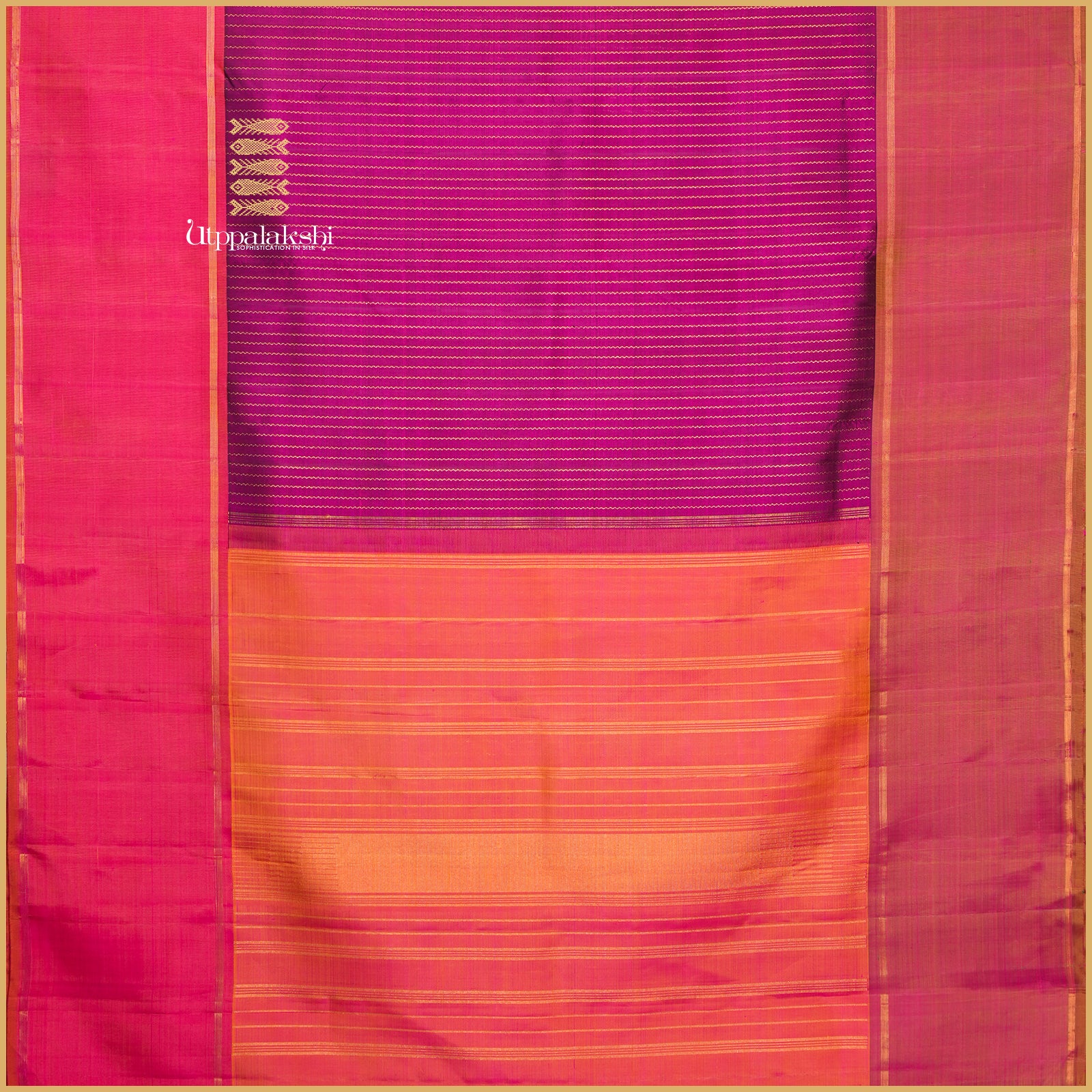 Purple Jari Nelli Body with Ganga Jamuna Borders and Dual-Tone Soft Light Pink Pallu – An Utppalakshi Handwoven Kanjivaram Silk Saree