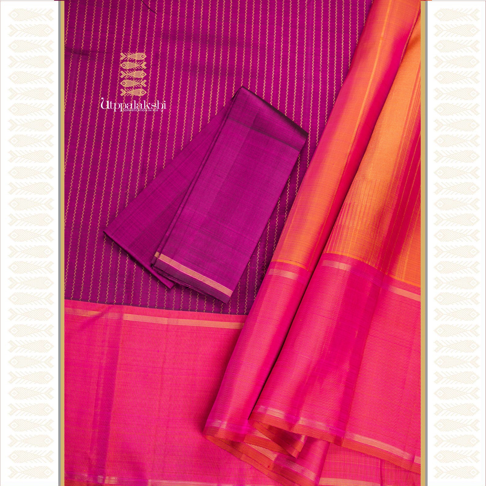 Purple Jari Nelli Body with Ganga Jamuna Borders and Dual-Tone Soft Light Pink Pallu – An Utppalakshi Handwoven Kanjivaram Silk Saree