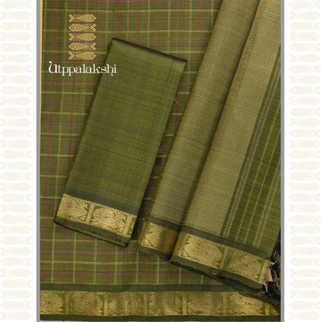 OLIVE GREEN CHECKS SAREE-AN UTPPALAKSHI HANDWOVEN KANCHIPURAM SILK SAREE