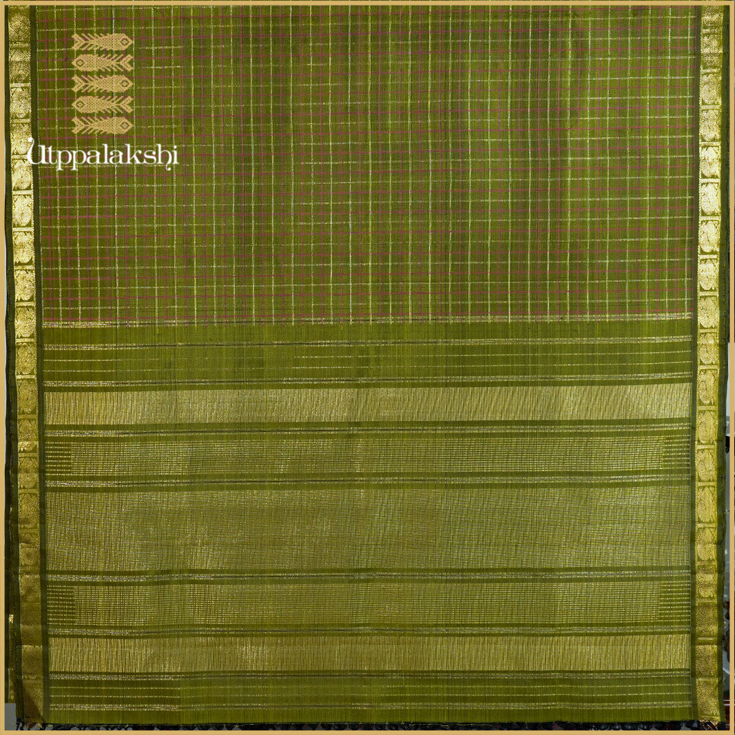 OLIVE GREEN CHECKS SAREE-AN UTPPALAKSHI HANDWOVEN KANCHIPURAM SILK SAREE