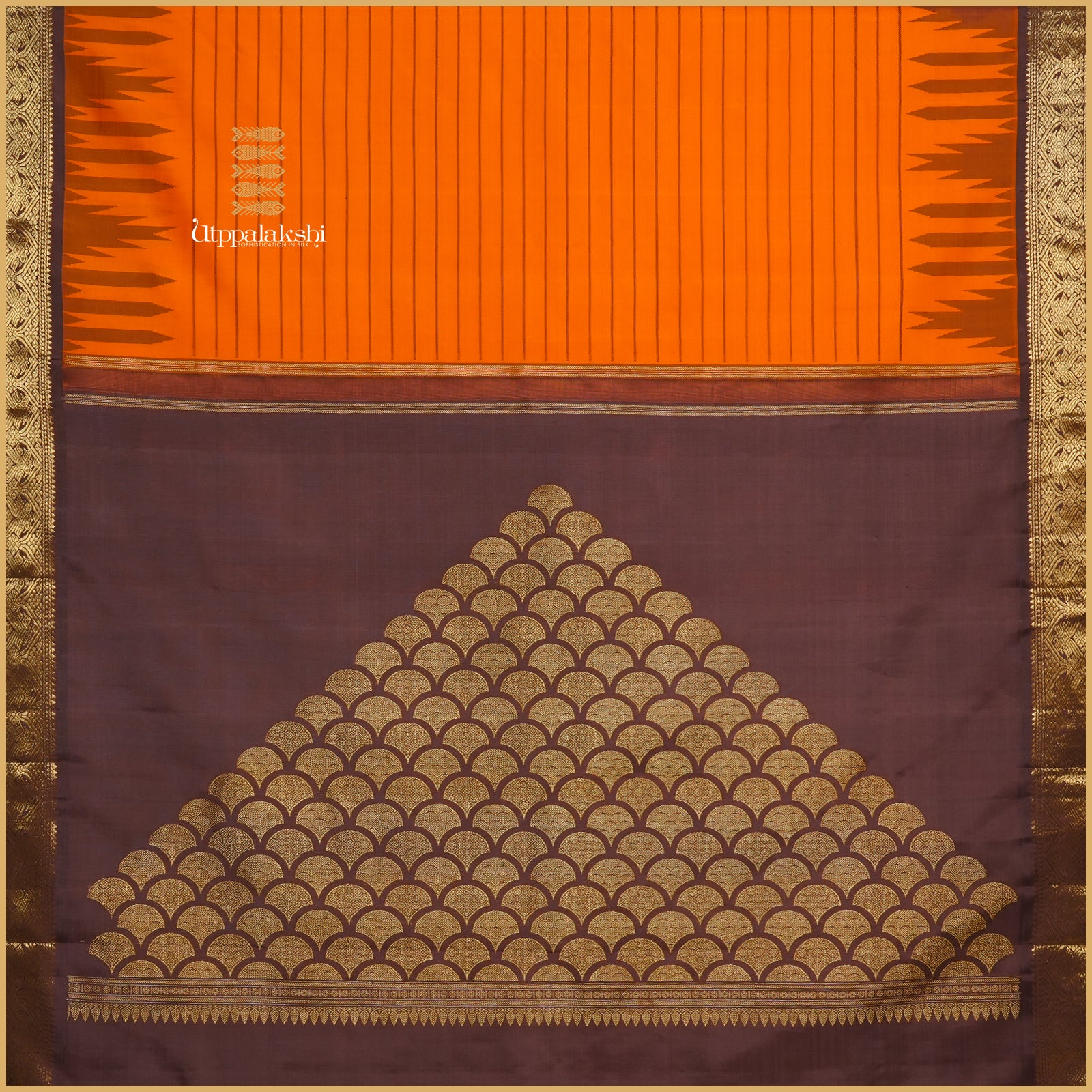 A Master Weaver’s Creation - VIBRANT ORANGE COFFEE BROWN SEMI KORVAI SAREE -AN UTPPALAKSHI HANDWOVEN KANCHIPURAM SILK SAREE