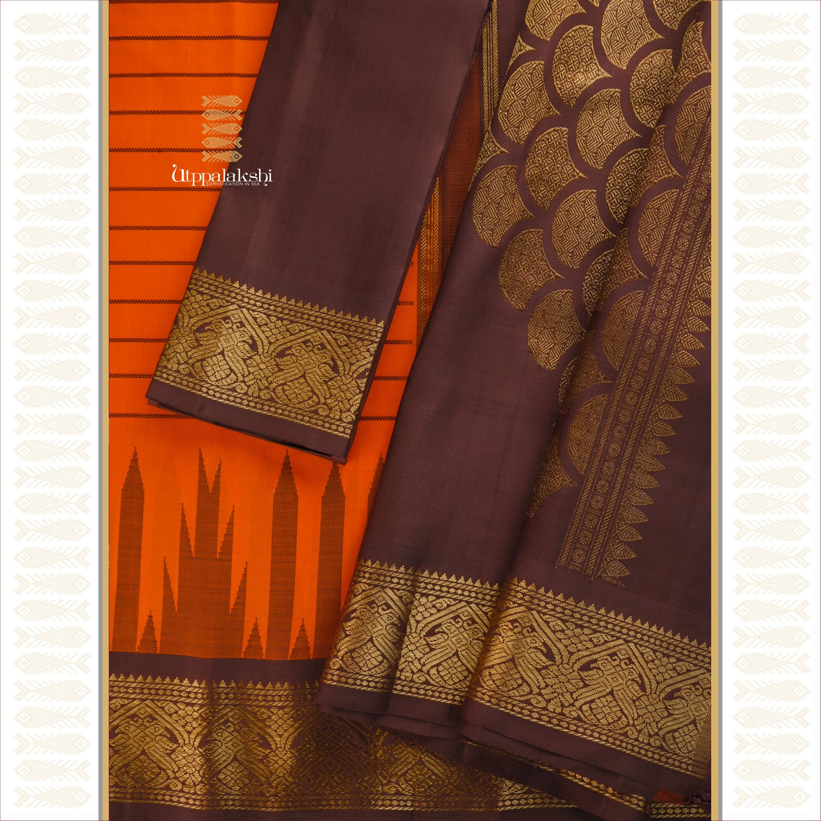 A Master Weaver’s Creation - VIBRANT ORANGE COFFEE BROWN SEMI KORVAI SAREE -AN UTPPALAKSHI HANDWOVEN KANCHIPURAM SILK SAREE