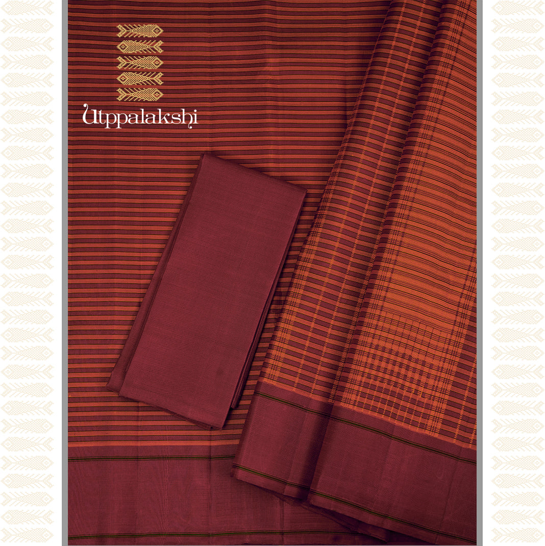 ORANGE AND ARAKKU VAZHAIPOO SOUTH VARI - AN UTPPALAKSHI HANDWOVEN KANCHIPURAM SILK SAREE