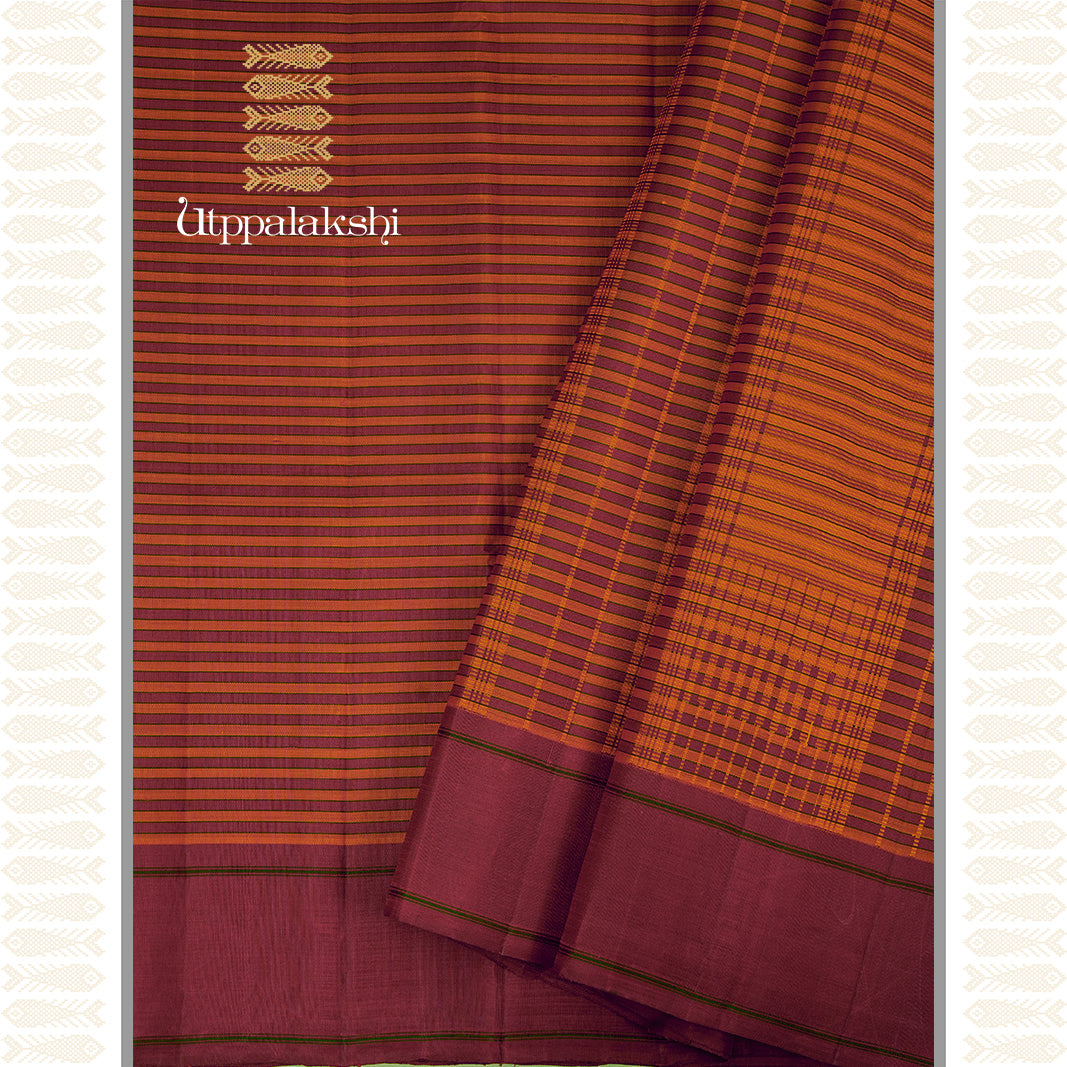ORANGE AND ARAKKU VAZHAIPOO SOUTH VARI - AN UTPPALAKSHI HANDWOVEN KANCHIPURAM SILK SAREE
