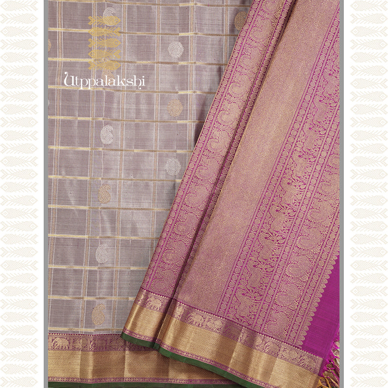 PAKKU GREY JARI KATTAM SAREE-AN | UTPPALAKSHI HANDWOVEN KANCHIPURAM SILK SAREE