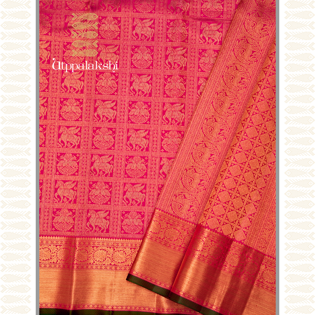 PINK SHOT WITH TOMATO COLOUR BRIDAL SAREE-AN UTPPALAKSHI HANDWOVEN KANCHIPURAM SILK SAREE