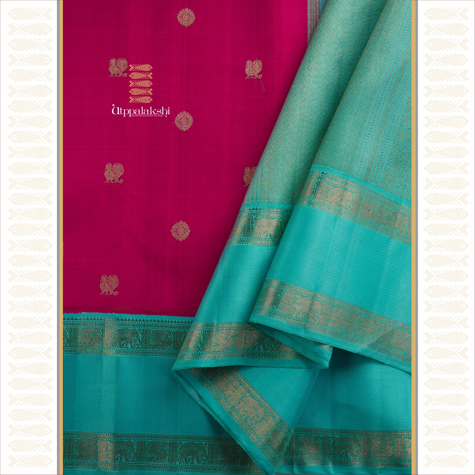 Classic korvai  in Rani pink and copper sulphate blue Woven - AN UTPPALAKSHI HANDWOVEN KANJIVARAM SILK SAREE