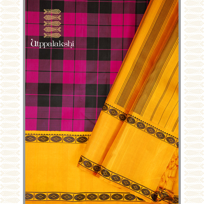 PINK AND BLACK WIDE CHECKS - AN UTPPALAKSHI HANDWOVEN KANCHIPURAM SILK SAREE