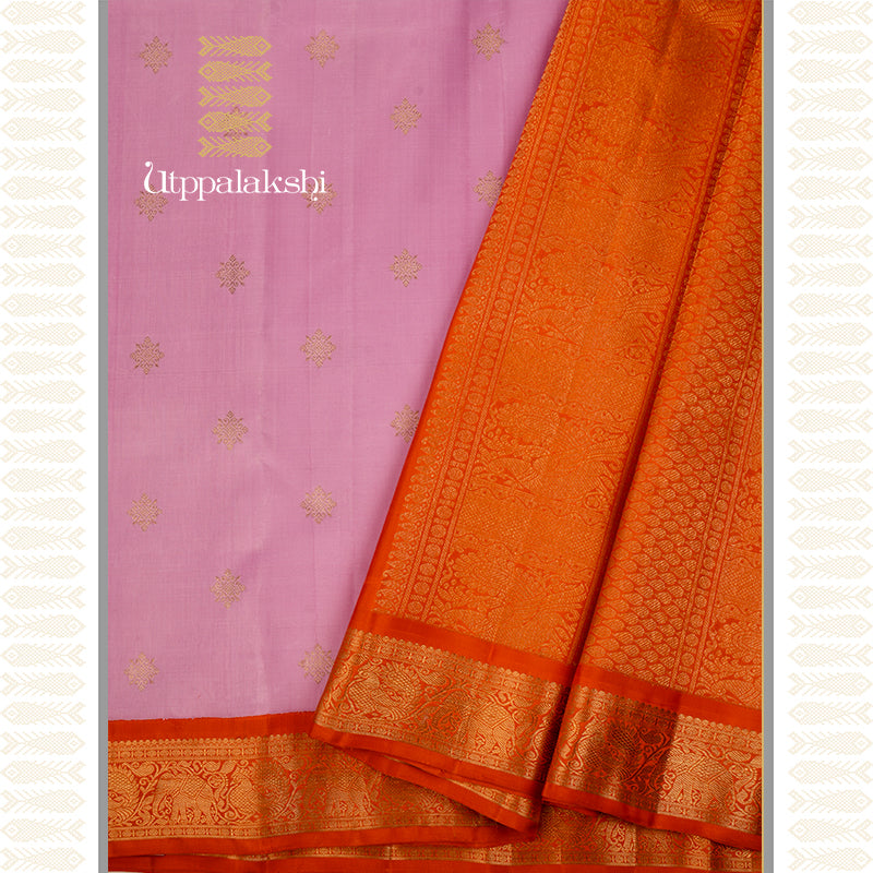 PINKISH LAVENDER SAREE WITH BURNT ORANGE PALLU - AN UTPPALAKSHI HANDWOVEN KANCHIPURAM SILK SAREE