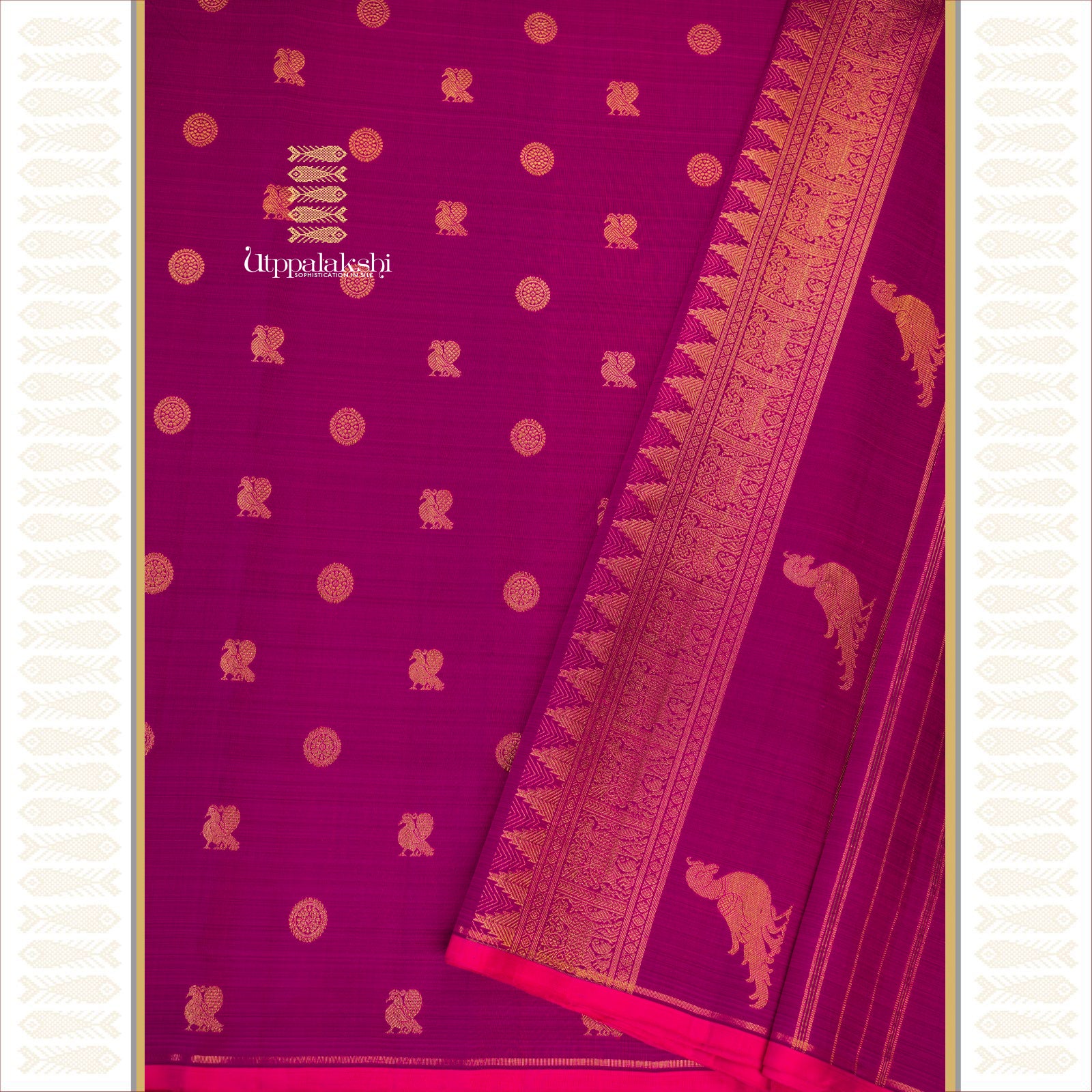 Purple with Annam and Chakaram Motifs and Pink Selvedge with  Pallu Featuring Parrot and Spotted Deer Designs – An Utppalakshi Handwoven Kanjivaram Silk Saree
