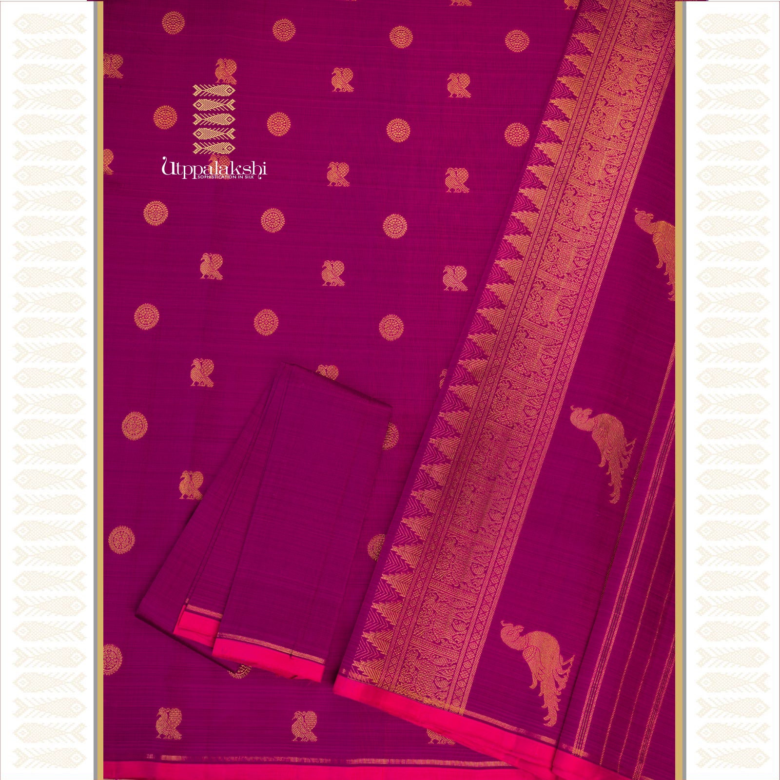Purple with Annam and Chakaram Motifs and Pink Selvedge with  Pallu Featuring Parrot and Spotted Deer Designs – An Utppalakshi Handwoven Kanjivaram Silk Saree