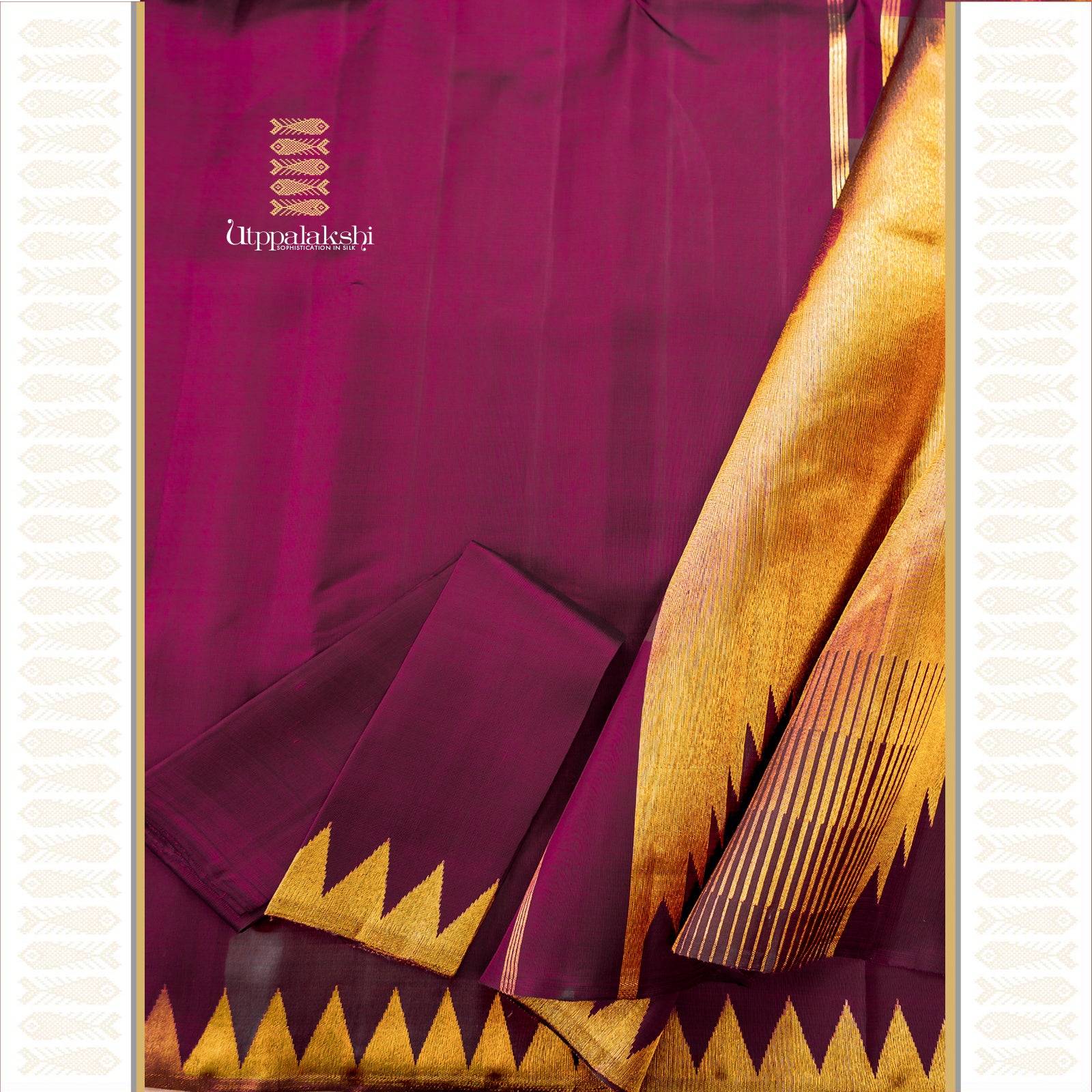 Deep Purple Temple Moggu with Simple Border and Traditional Bavanji Pallu in Eight Kol Weave – An Utppalakshi Handwoven Kanjivaram Silk Saree