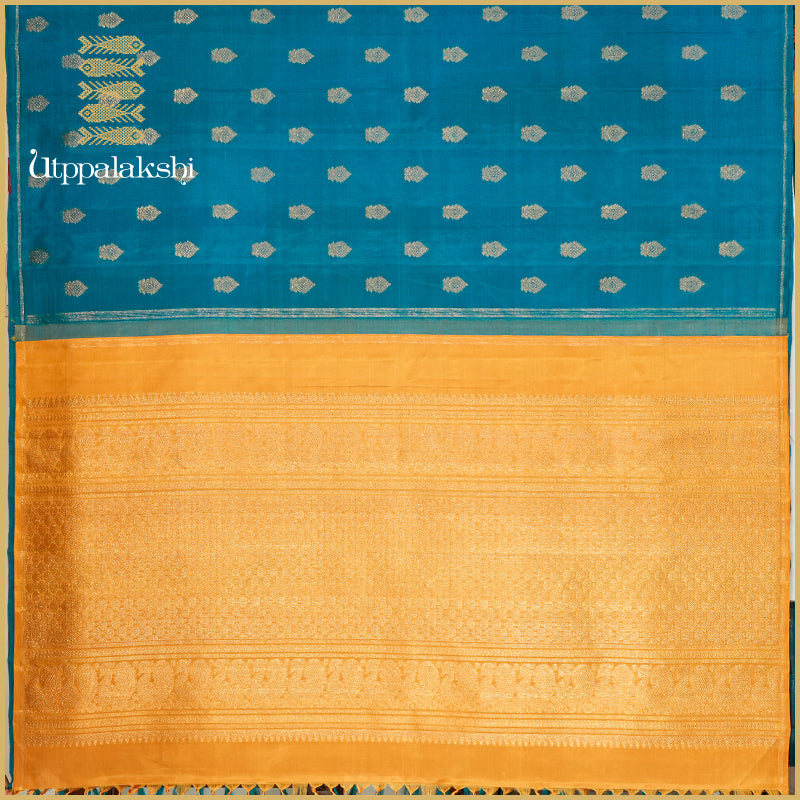 RAMAR BLUE SAREE WITH MUSTARD YELLOW PALLU-AN UTPPALAKSHI HANDWOVEN KANCHIPURAM SILK SAREE