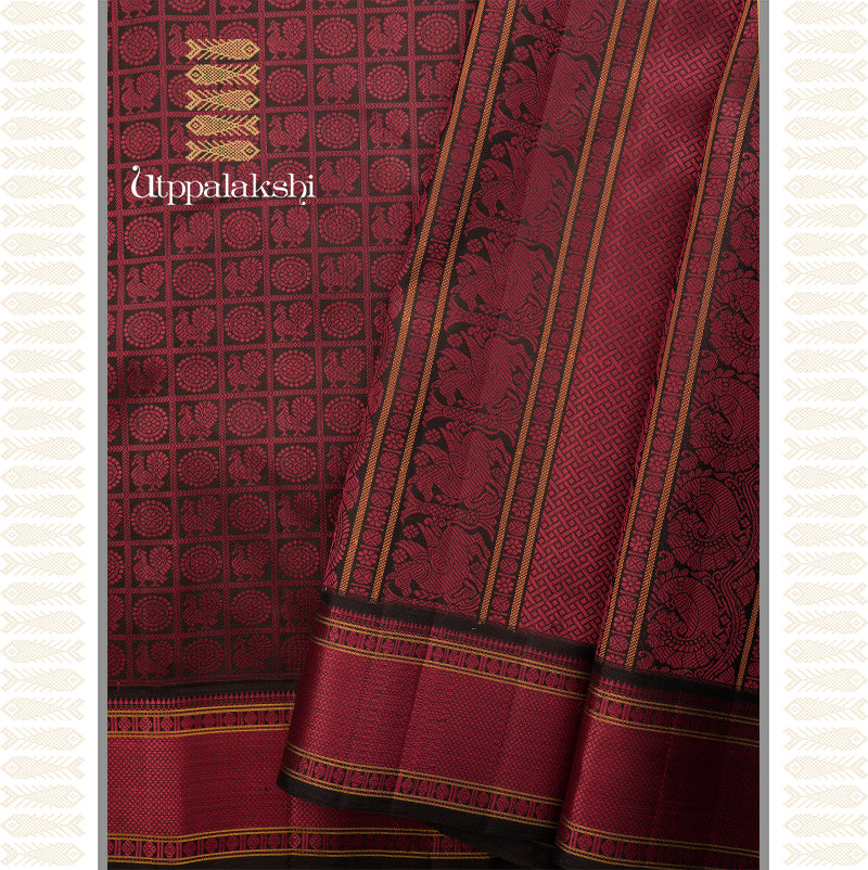 Midnight Motifs: A Dance of Power and Imagination In inky black  Kanchipuram Silk Saree
