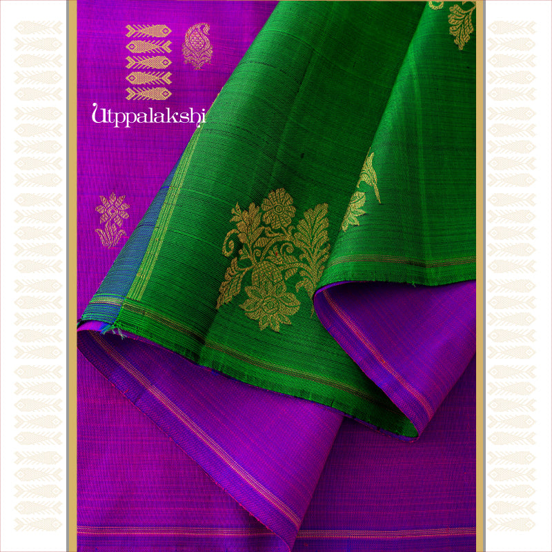 UTPPALAKSHI HANDWOVEN KANJIVARAM SILK SAREE VADAMALLI AND GREEN NO BORDER