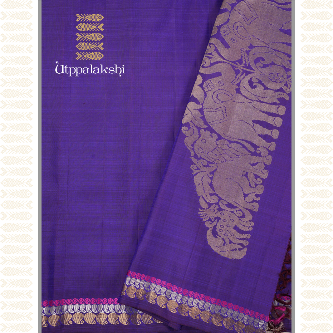 A MASTER WEAVER'S CREATION-PURPLE COLOUR MANGO BORDER SAREE- AN UTPPALAKSHI HANDWOVEN KANCHIPURAM SILK SAREE